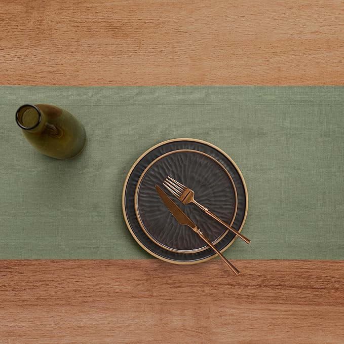 Solino Home Linen Oil Green Table Runner 108 Inches Long - 100% Pure Linen 14 x 108 Inch Table Runner for Spring, St Patricks Day, Easter - Fete