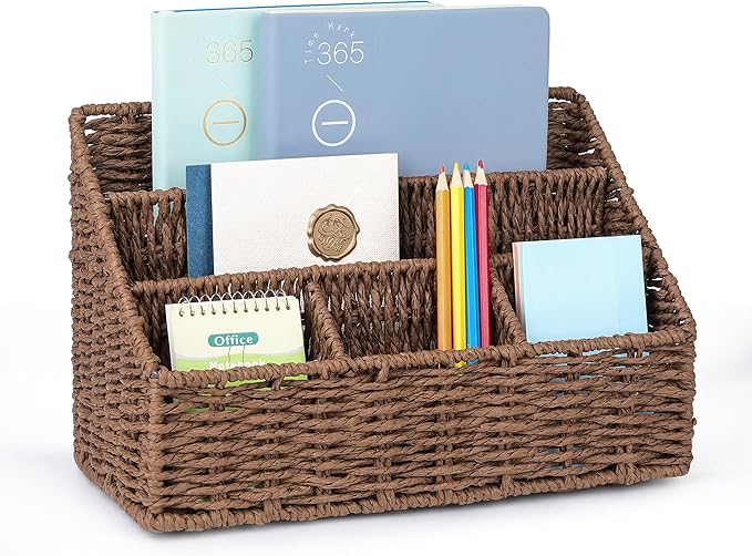 Rattan Desk Organizer, Tabletop Mail Holder, 5 Slot Mail Organizer Countertop Basket, Rattan Office Supplies, Boho Office Desk Accessories, Wicker Desk Organizer, Magazine Holder（Brown）