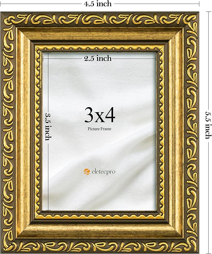 eletecpro 3x4 Picture Frames Set of 4, Ornate Vintage Photo Frames with Glass, Rustic Gold Frame Displays 3x4 Photo for Tabletop, Gold