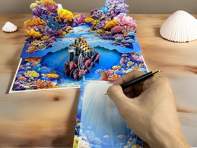 3D Pop Up Greeting Card – Handmade Sea Turtle with Baby Card – Ocean Coral Reef Scene – Mother & Baby Turtle 3D Card for Birthday, Retirement, Nature & Ocean Lovers