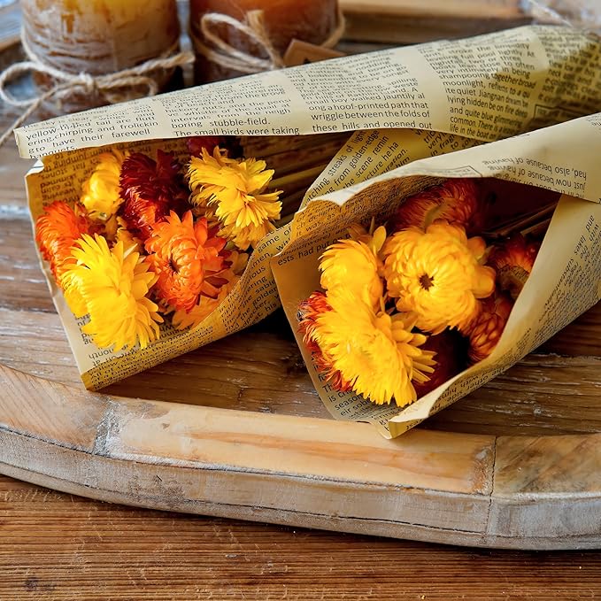 Natural Dried Straw Flower Bouquet, 20 pcs, Fall Color Daisies for Vase, Rustic Orange Yellow