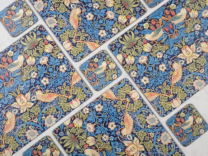 Pimpernel Morris & Co Strawberry Thief Blue Placemats, Set of 4 - Stain Resistant & Heat Safe Fabric-Feel Table Mats with Birds & Botanical Pattern for Stylish Dining & Entertaining