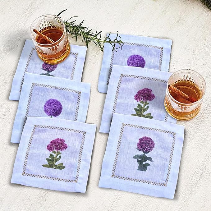 Cocktail Napkins Set of 6, 6x6 inch, 100% Linen, Printed Floral Design, Reusable & Washable Napkin Coasters for Beverages, Parties, Weddings & Everyday Use (Dandelion)