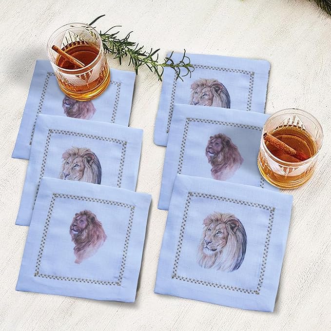 Cocktail Napkins Set of 6, 6x6 inch, 100% Linen, Printed Animal Pattern, Reusable & Washable Cloth Coasters for Beverages, Hosting, Gifting & Everyday Use (Lion)