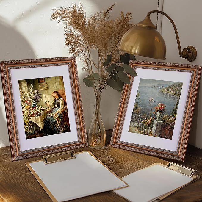 eletecpro 8x10 Picture Frames Set of 4, Vintage Photo Frame with Glass, Frames 8 x 10 Display 5x7 Photo with Mat or 8x10 without Mat for Tabletop or Wall Decor, Bronze