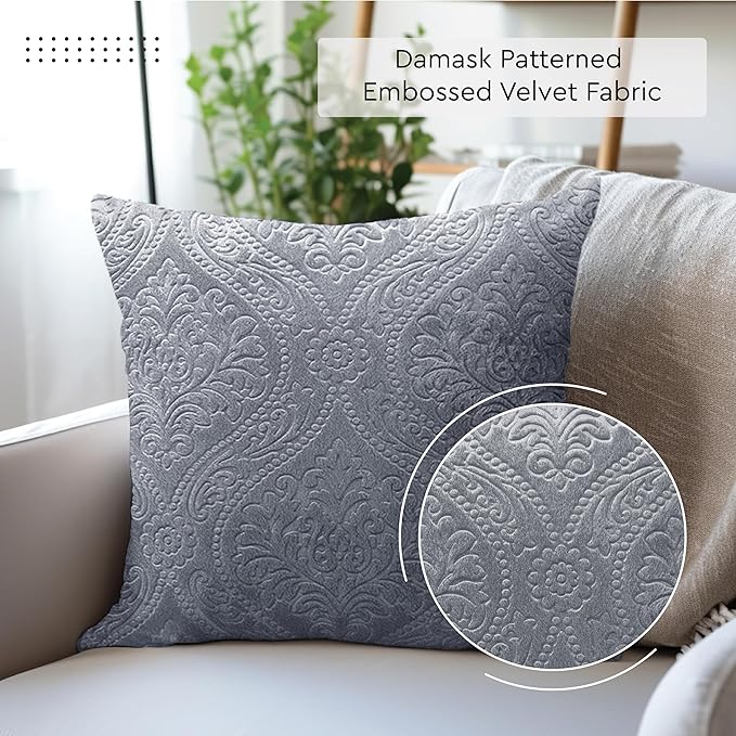Encasa XO Luxury Embossed Velvet Throw Pillow Covers - Plush Cushion Covers for Elegant Living Rooms & Bedrooms, Machine Washable, 24"x24" Grey | Set of 2 | Covers Only No Insert