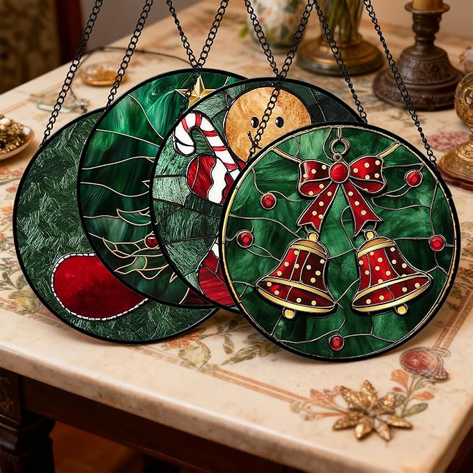 Stained Glass Window Hanging 4 Pcs Set Red Christmas Stockings and Gingerbread 9.8" - Suncatcher Door Garden Sun Catcher Decor Birthday Mother's Day Xmas Gifts for Mom Woman Nana Men