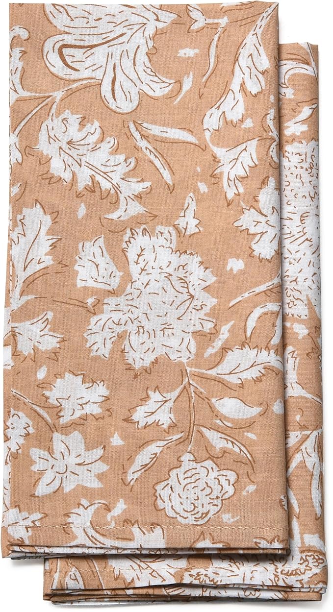 CPC Cloth Napkins 100% Cotton Set of 4 Reusable Napkins, Indian Block Print Toile Floral Dinner Napkin, Fall Thanksgiving Christmas Holiday Party Gift - Soft Absorbent Napkin, 18"x18" Light Peach