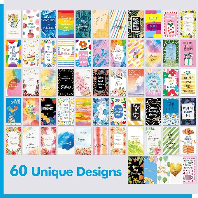 120 PCS Motivational Cards, 60 Designs Inspirational Cards with PET Film, Affirmation Words for Primary Middle High Reading Students, Book Lovers (2” x 3.5”)