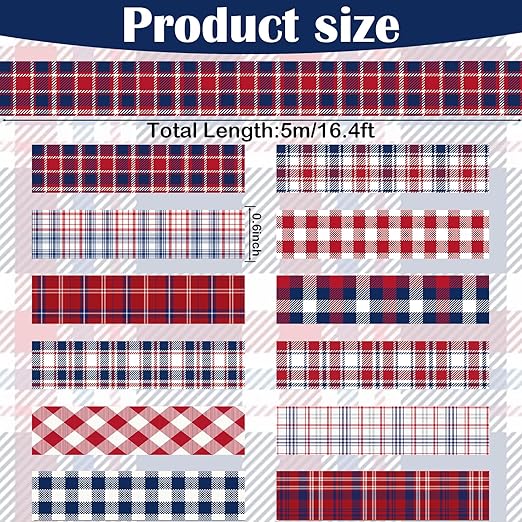 12 Rolls Christmas Basic Grid Washi Tape Set, Red Blue White Plaids Decorative Paper Stickers for Thanksgiving Independence Day Scrapbook Journaling DIY Art Crafts Gift Wrapping 16.4FT
