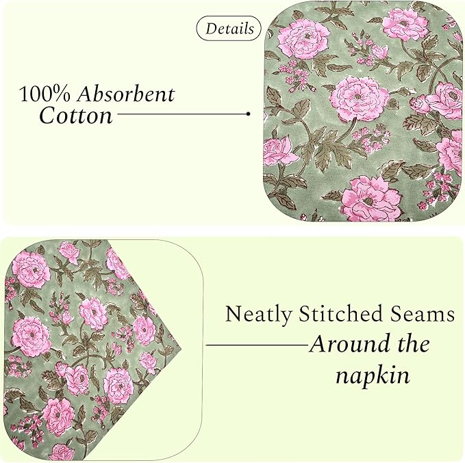 CPC Cloth Napkins 100% Cotton Set of 4 Reusable Napkins, Indian Block Print Toile Floral Dinner Napkin, Fall Thanksgiving Christmas Holiday Party Gift - Soft Absorbent Napkin, 18"x18" Pink Tourmaline