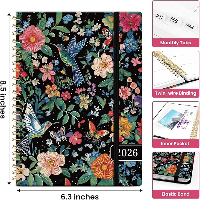 2026 Planner, Weekly and Monthly Calendar Planner for Women, Jan 2026 - Dec 2026, Hardcover Planning Agenda book with Tabs, Spiral Bound, Inner Pocket, Perfect for School Office Supplies, 6.3" x 8.5" - Hummingbird