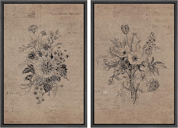 SIGNWIN Framed Canvas Print Wall Art Set Antique Floral Bouquets Vintage Engraved Flowers Modern Minimalism Decorative Nordic for Living Room, Bedroom, Office - 24"x36"x2 Black