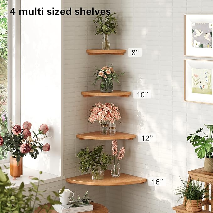 Floating Corner Shelves Oak 8", Solid Oak Wall Mounted Wooden Display Storage Rack with Wire Hole for Plants, Photos, Speakers, Bedroom, Kitchen, Living Room Décor - 2-Pack