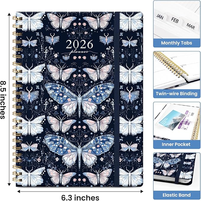 2026 Planner, Weekly and Monthly Calendar Planner for Women, Jan 2026 - Dec 2026, Hardcover Planning Agenda book with Tabs, Spiral Bound, Inner Pocket, Perfect for School Office Supplies, 6.3" x 8.5" - Moonlight Butterflies