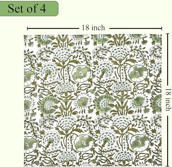 CPC Cloth Napkins 100% Cotton Set of 4 Reusable Napkins, Indian Block Print Toile Floral Dinner Napkin, Fall Thanksgiving Christmas Holiday Party Gift - Soft Absorbent Napkin, 18"x18" Agate Green