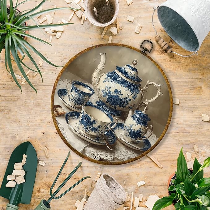 Hiuwevt Chinoiserie Kitchen Round Wall Art Decor, Rustic Farmhouse Framed Canvas Prints, Blue and White Antique Teapot Round Wall Hanging Decor for Kitchen Home Room Decorations, 10x10 Inches