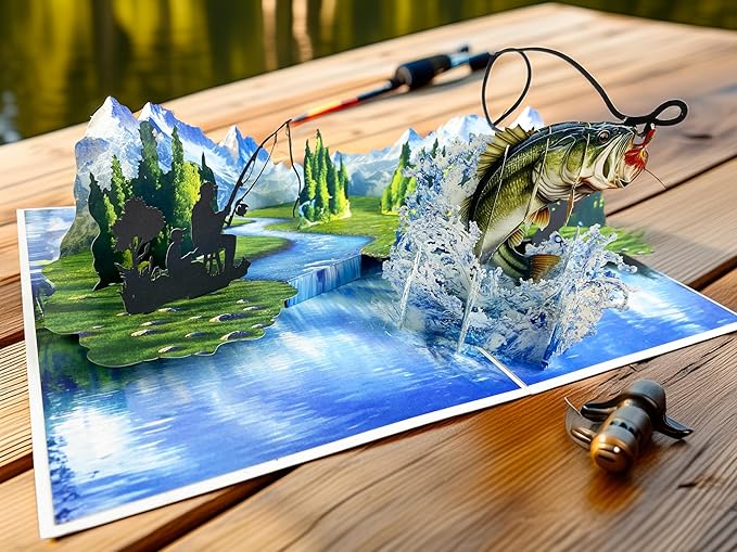 3D Pop Up Greeting Card – Handmade Fishing Card with Jumping Bass & Scenic Lake – Father’s Day, Birthday, Retirement, Outdoor Sportsman & Fisherman Gift