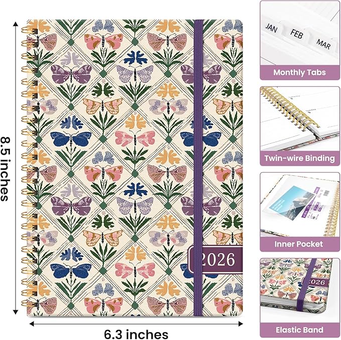 2026 Planner, Monthly and Weekly Calendar Planner for Women, Jan 2026 - Dec 2026, Hardcover Pretty 2026 Agenda Planner Book with Tabs, Spiral Bound, Perfect for School Office Home Supplies, 6.3" x 8.5" - Butterfly Patchwork