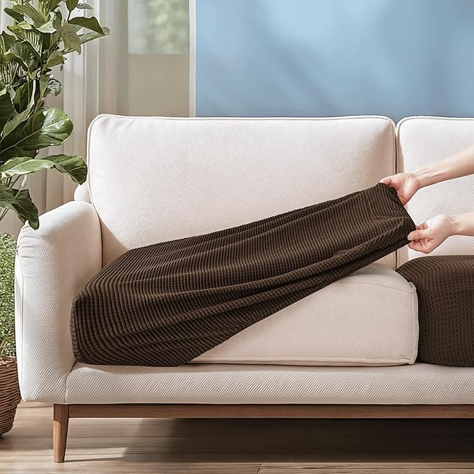 CHUN YI Small Couch Cushion Cover Stretch, Sofa Seat Slipcovers for Pets, Suitable for Armchair Loveseat Sofa with Spandex Jacquard Washable Fabric(Small,Chocolate)