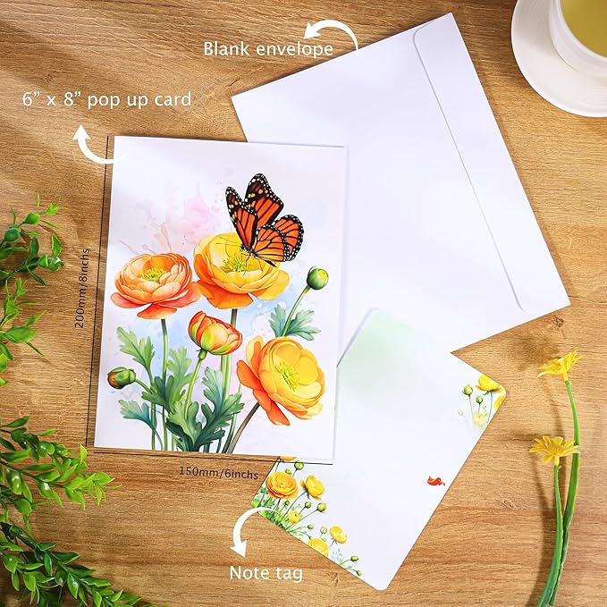 Butterfly on Flower Pop-Up Birthday Card – Handmade 3D Monarch Butterfly Floral Card for Wife, Mom, Her, Sister, Daughter, Ideal Gift for Birthday, Get Well, Thank You, Mothers Day, 6x8 inch