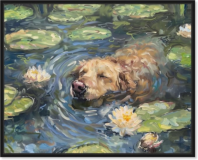 Art Remedy Monet Water Lilies Dog Rustic Chic Farmhouse Canvas Wall Art, Black Floater Frame, 30"x24"