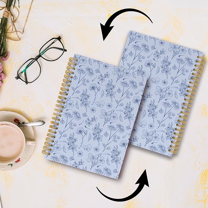 Vintage Blue Floral Journal Notebook - Aesthetic Botanical Flower Notebooks College Ruled for Work School, Gifts for Coworkers, Office Supplies, Hardcover Spiral Notebook 5.5"x8.3"