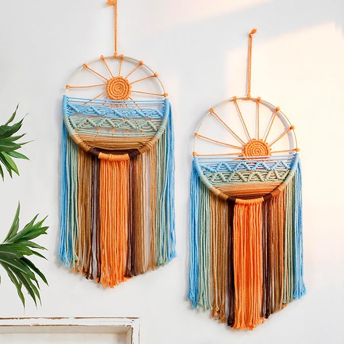 2 Pack Macrame Sun Wall Decor Hanging Tapestry Sunshine Sunset Wall Art Set, Rustic Woven Tapestries Boho Dream Catcher Colorful Decor for Bedroom Living Room Nursery (Orange 2pcs)