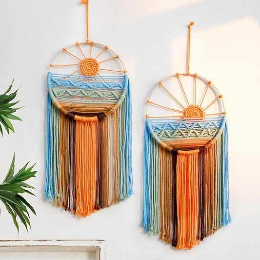 2 Pack Macrame Sun Wall Decor Hanging Tapestry Sunshine Sunset Wall Art Set, Rustic Woven Tapestries Boho Dream Catcher Colorful Decor for Bedroom Living Room Nursery (Orange 2pcs)