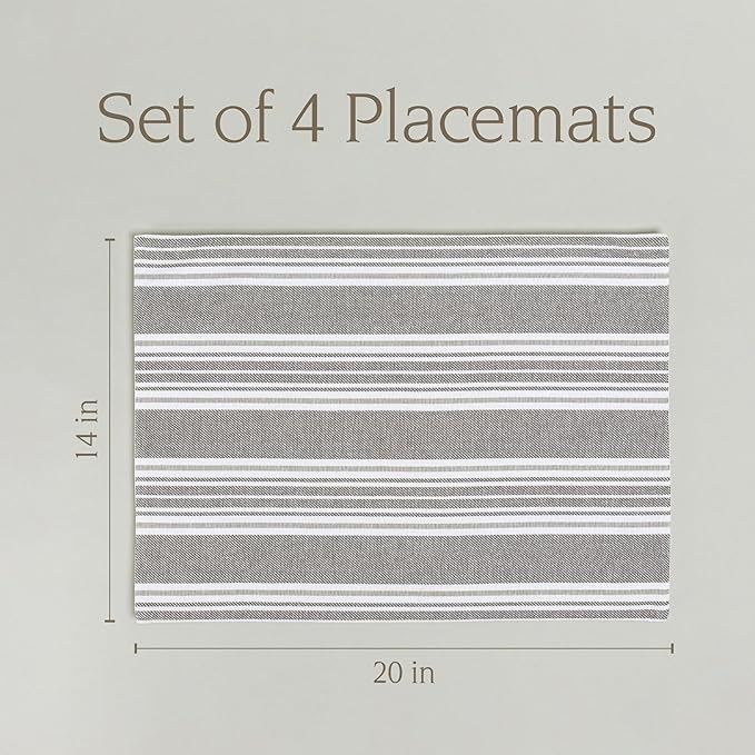 Over&Back Set of 4 Woven Placemats - Colorful Dining Table Mat - 100% Cotton - Machine Washable - Kitchen and Home Decor - Grey - 14" L X 20" W