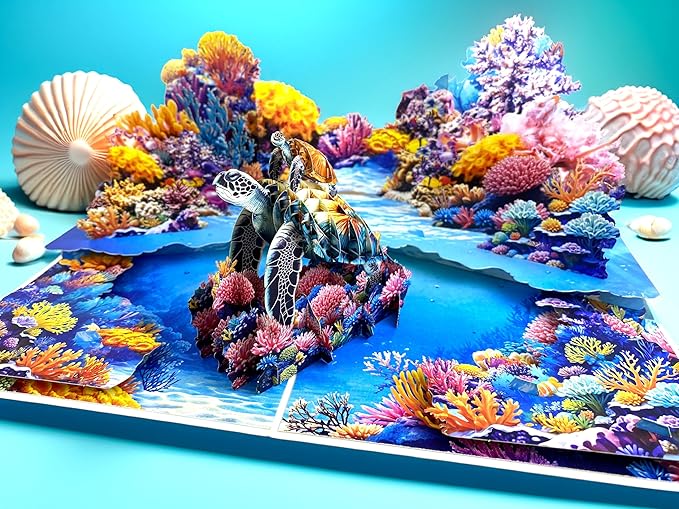 3D Pop Up Greeting Card – Handmade Sea Turtle with Baby Card – Ocean Coral Reef Scene – Mother & Baby Turtle 3D Card for Birthday, Retirement, Nature & Ocean Lovers