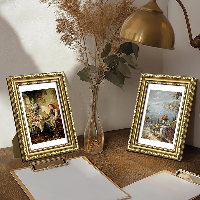 eletecpro 4x6 Picture Frames Set of 4, Vintage Gold Photo Frames with Glass, Displays 3.5x5 Photo with Mat or 4x6 without Mat for Tabletop or Wall Decor, Gold