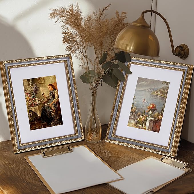 eletecpro 8x10 Picture Frames Set of 4, Vintage 8 x 10 Photo Frames with Glass, Display 5x7 Photo with Mat or 8x10 without Mat for Tabletop or Wall Decor, Blue Gold