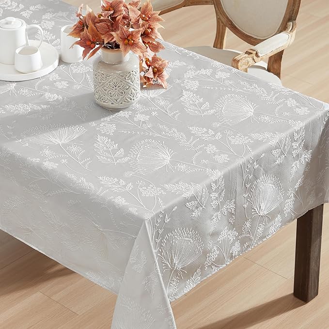 Laura Ashley Tablecloth Raised Woven Embroidered Jacquard Fabric, Wrinkle Resistant for Dining, Holiday, Party, Wedding or Banquet, 60" x 84", Cynthia Beige