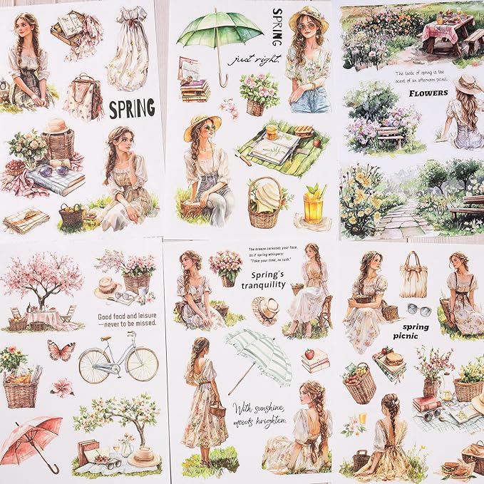 YagCu Scrapbook Sticker Book, Picnic Journaling Stickers, Junk Journal Supplies, Pre-Cut Aesthetic Scrapbooking for Adults, Decorative Ephemera Bullet Planner DIY Arts Craft Collage