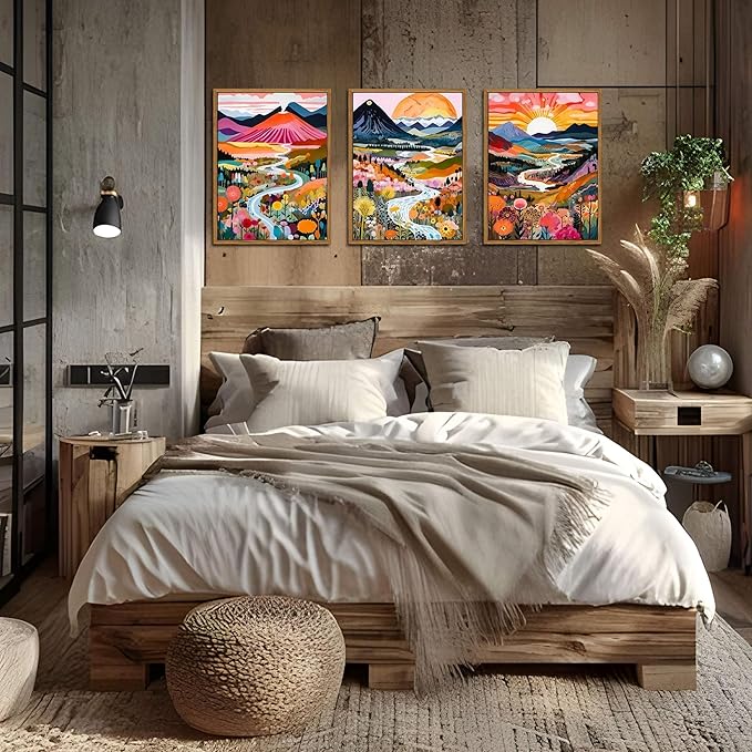 Floating Framed Boho Colorful Wall Art, Abstract Watercolor Mountain Landscape Wall Decor Painting Set of 3, Modern Flower Aesthetic Posters Prints for Living Room Bathroom Bedroom 12x16 Inch