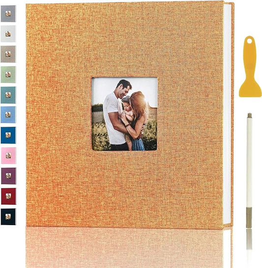 Photo Album Self Adhesive Pages for 4x6 5x7 8x10 Pictures Magnetic Scrapbook Photo Albums with Sticky Pages Books with A Metallic Pen for Baby Wedding Family 11x10.6 Orange 60 Pages