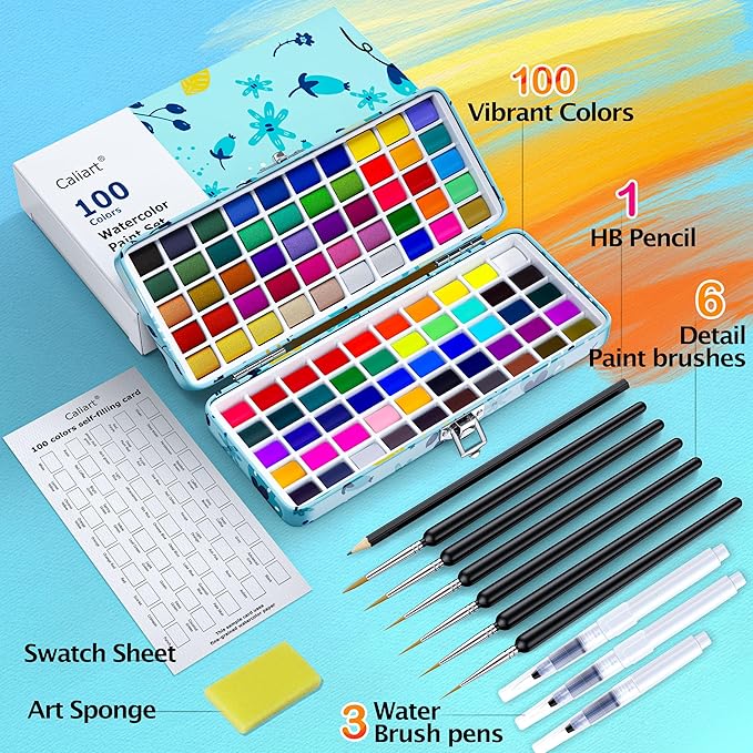 Caliart Watercolor Paint Set, 100 Colors Portable Travel Water Color Palette Kit with Detail Paint Brush, Art Supplies for Painting Coloring, Christmas Gifts for Artist Adult Teen Girls Boys Beginners