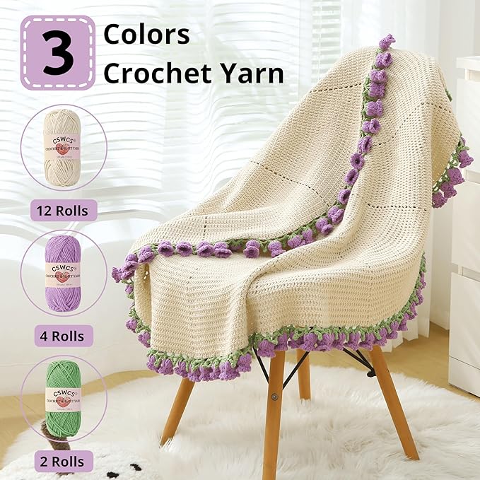 CSWCS Crochet Blanket Kit for Beginners, 40 inches Flower Bouquet Shawl Throw Kits for Adults, Learn How to Knitting with Yarn, Hook & Instructions, Gifts for Women Home Decor (Lily of The Valley Kit)
