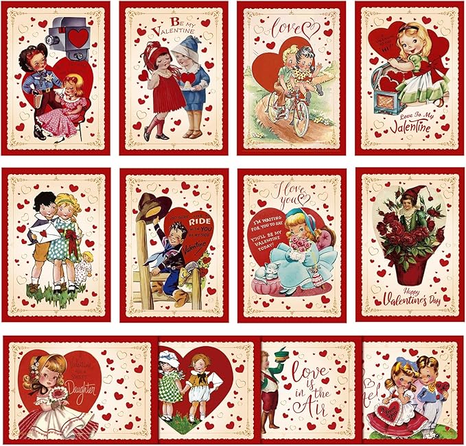 Yinder 24 Set Mini Vintage Valentines Day Cards with Envelopes Vintage Retro Valentines Day Greeting Cards Assortment for Wedding Party Anniversary Classroom Home Office Business Exchange