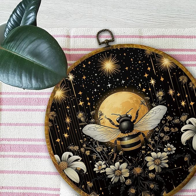 Mcehtle Vintage Bee and Moon Wall Art Decor, Moody Honey Bee Cottagecore Dark Framed Canvas Prints 10x10, Boho Academia Insect Round Wall Hanging Artwork Decorations for Gallery Bedroom Living Room