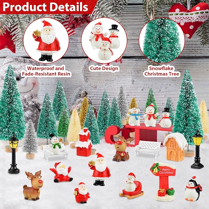 PLULON 35Pcs Christmas Ornament Figurines Mini Christmas Trees Snowman Santa Claus Xmas Village Accessories Bottle Brush Trees for Office Home Dollhouse Tabletop Winter Holiday Party Decorations