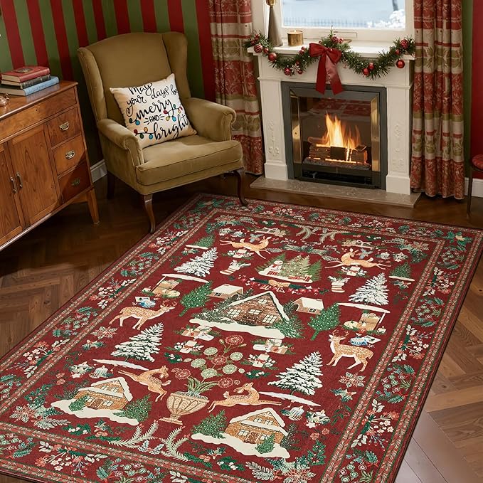 jinchan Christmas Rug 5x7 for Living Room Bedroom Maroon Holiday Decorative Rug for Dining Room Foyer Christmas Tree and Cabin Printed Xmas Decor Washable Non Slip Floor Carpet