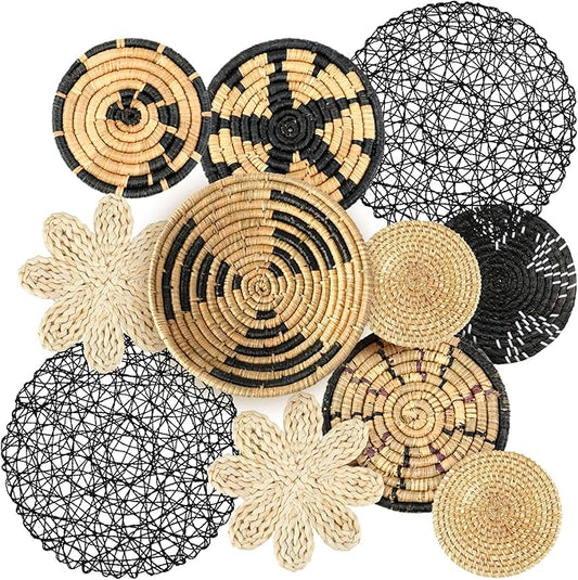 Tatuo 11 Pcs Boho Wall Basket Decor Decorative Bulrush Woven Basket Wall Decor Art Round Farmhouse Hanging Baskets for Kitchen Rustic Home Summer Decorations, Multi Sizes(Fresh)