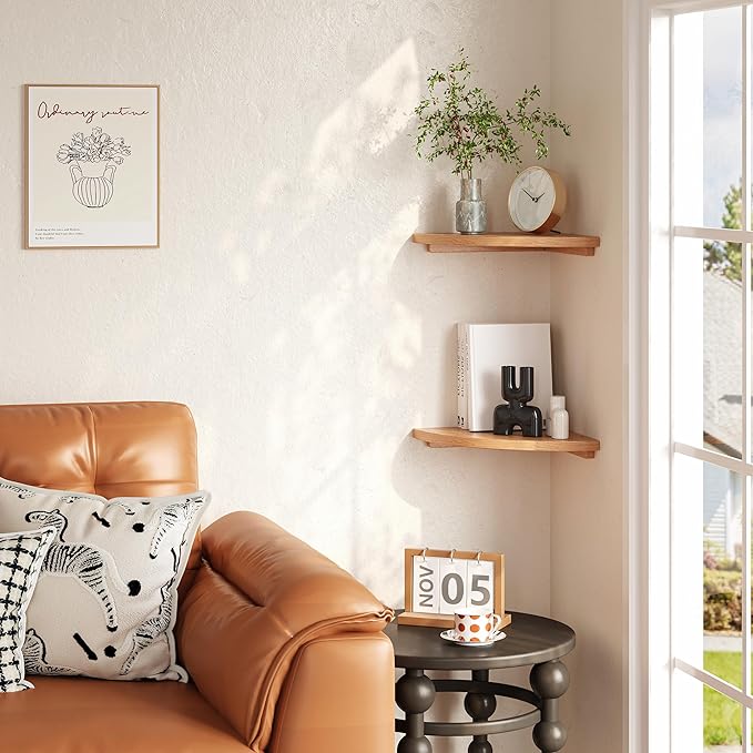 Floating Corner Shelves Oak 10", Solid Oak Wall Mounted Wooden Display Storage Rack with Wire Hole for Plants, Photos, Speakers, Bedroom, Kitchen, Living Room Décor - 1-Pack