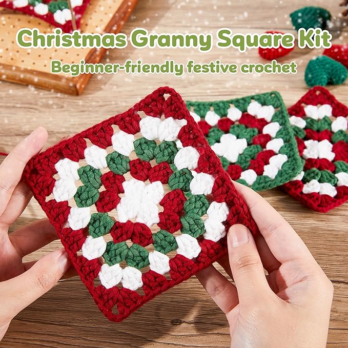OAKWOOMA Crochet Kit for Beginners, Easy Arts and Crafts Knitting & Crochet Coaster Kit with Step-by-Step Video Tutorials, Crochet Starter Kits for Adults, Teens, Kids (Christmas Granny Square)