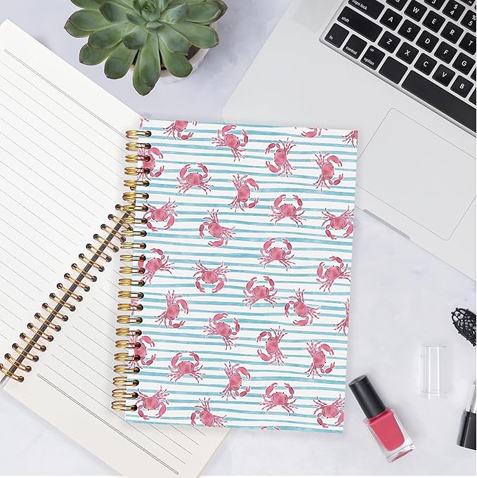 Coastal Beach Crab Notebook, Blue Striped Summer Ocean Beach Crab Gifts Journal Journaling for Women Spiral Notebooks, Nautical Ocean Hardcover Spiral Notebooks, 5.5x8.3 Inch