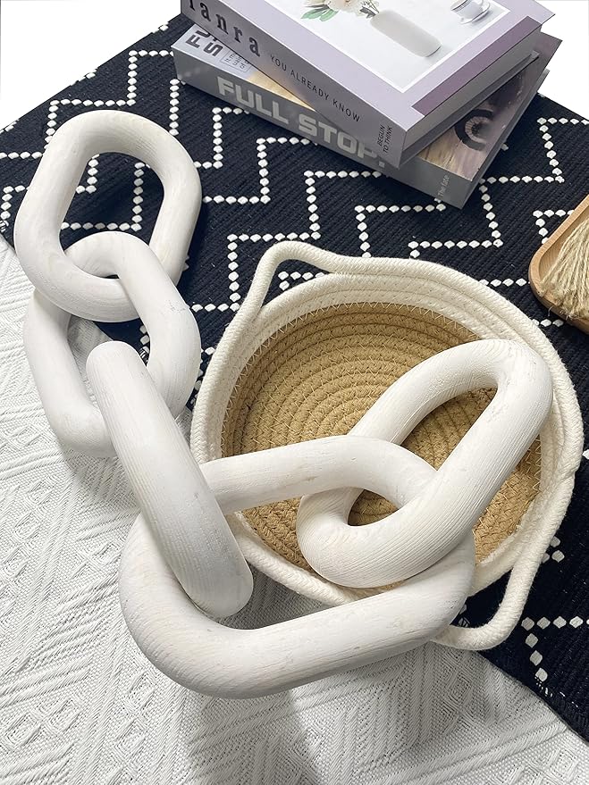 Wood Chain Link Decor - 18.9 Inch Length, 5-Link Boho Decor for Living Room, Farmhouse, Coffee Table (White)