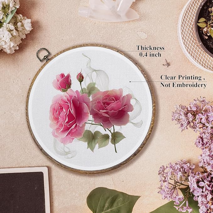 FUGWN Vintage Pink Rose Round Wall Art Decor Framed, Cottagecore Floral Canvas Artwork Prints, Rustic Retro Pink Flower Wall Hanging Decorations for Home Bedroom Living Room, 10x10 Inch