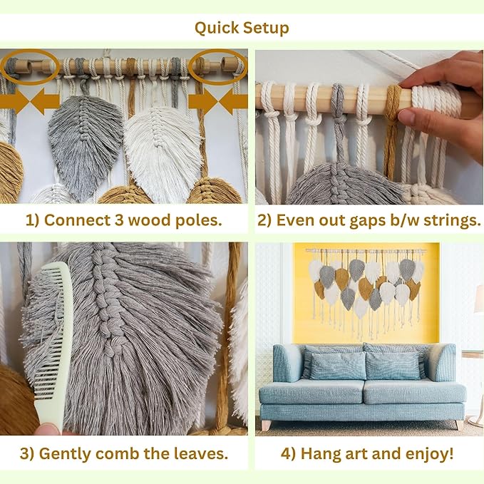 Large Macrame Wall Hanging Feather Decor – Handmade Cotton Cord Boho Room Decor for Bedroom, Nursery, Office – 39” W x 29.5” L (Silver, Gold, White)